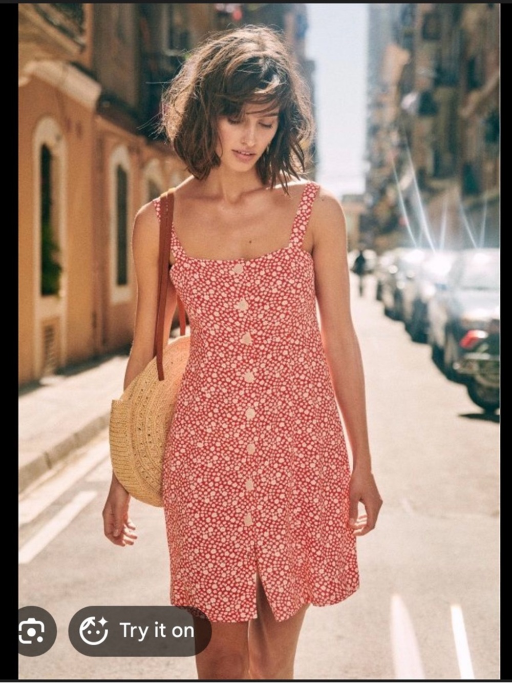 Sezane Red Floral Button-Front Mini Dress